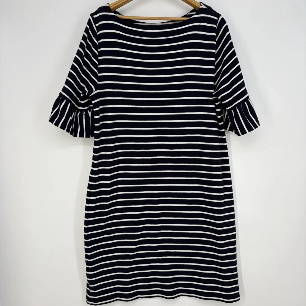 Talbots Striped Bell Sleeve Shift Dress XL Cotton Navy White Nautical Summer - Picture 6 of 10